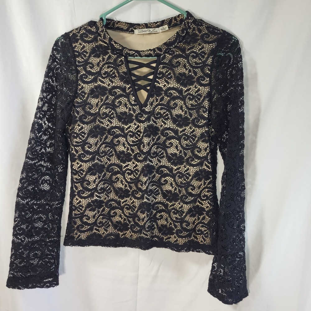 Liberty Love Womens Black Lace Mock Neck Blouse Crisscross Detail Lined Large